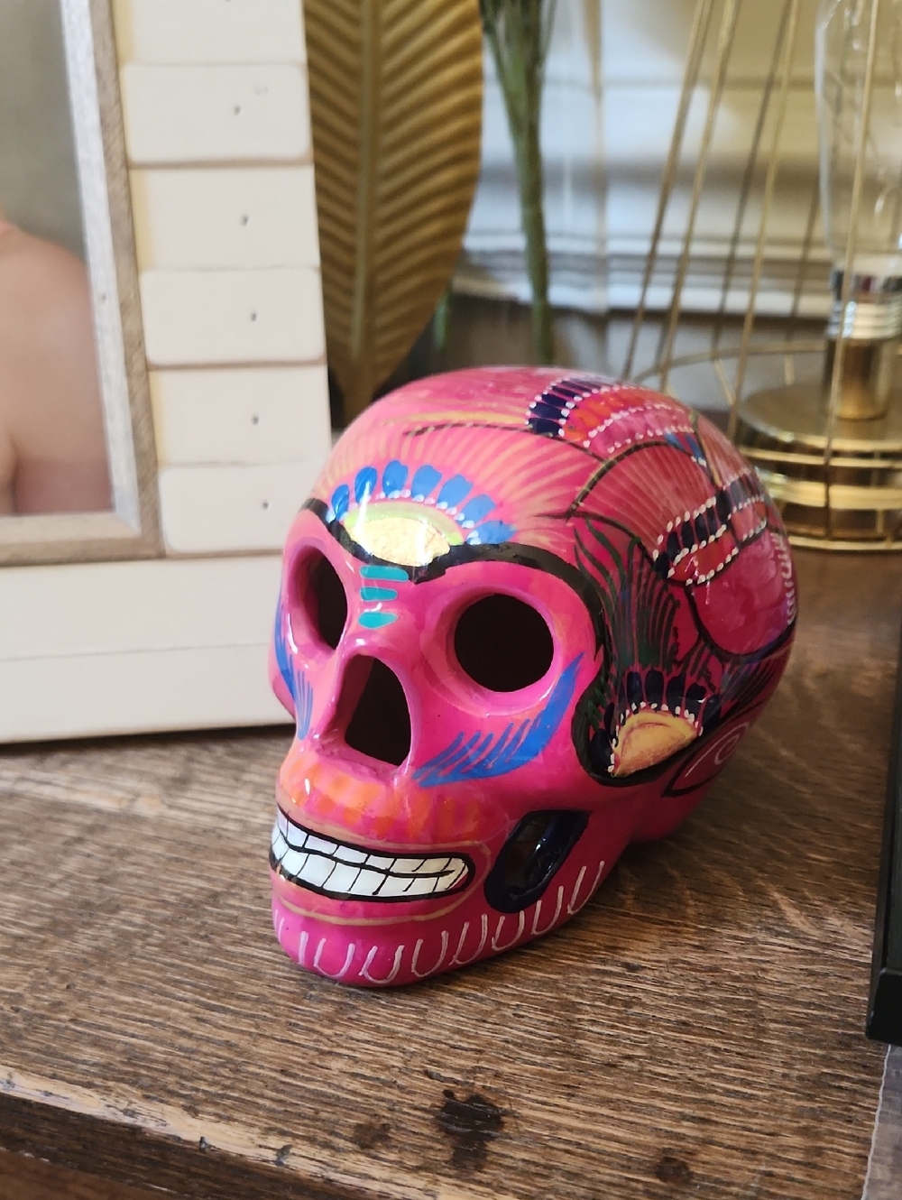 Taxco Hand-Painted Pink Decorative Ceramic Sugar Skull